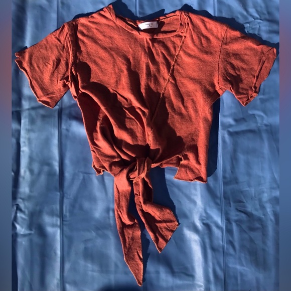 RARE Vintage THANK YOU Rusty Orange Asymmetrical Tie-Front Crop Tee - XS/S - Picture 1 of 6